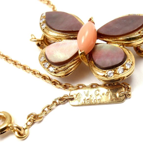 VAN CLEEF & ARPELS 18k Yellow Gold Diamond MOP Coral Butterfly Brooch Necklace - Picture 4 of 12